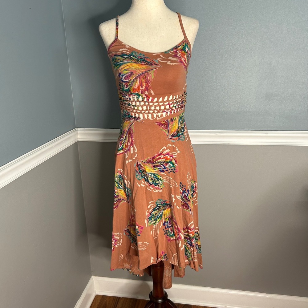 American Rag‎ XS Terracotta Feather Print High Low Boho Dress Macrame  Cutout